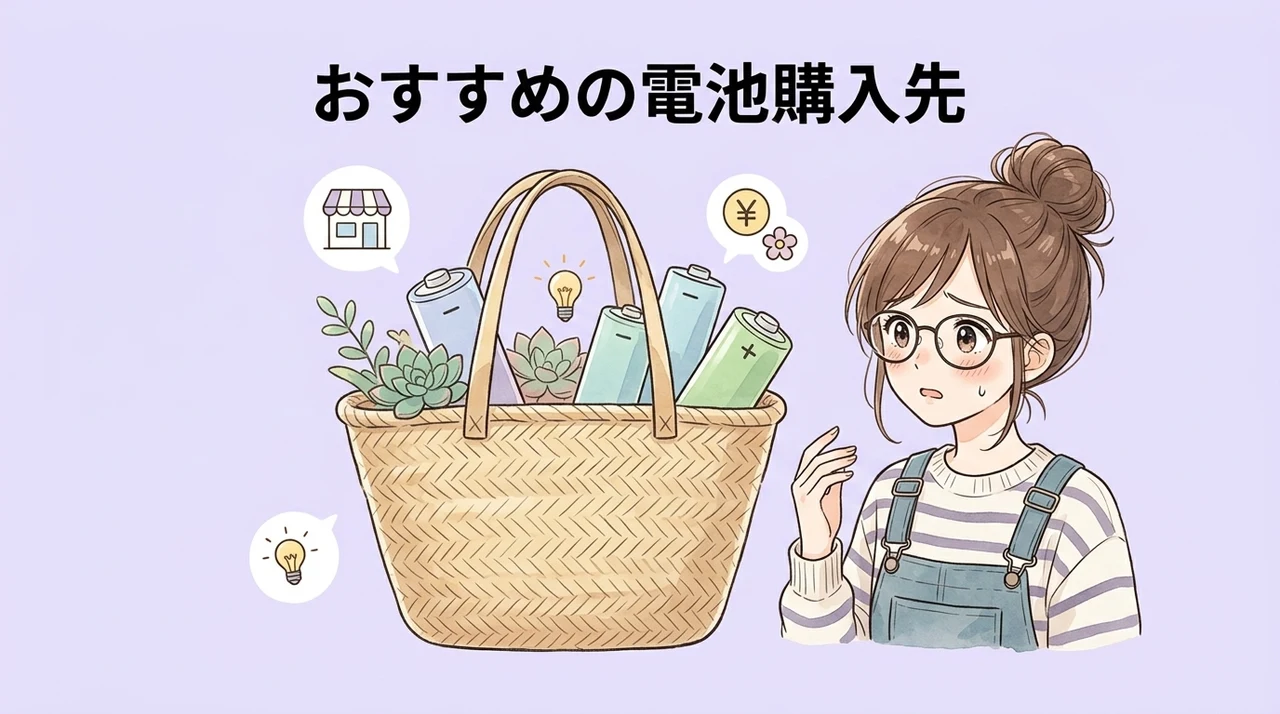 電池のおすすめ購入先のイメージ画像（すぐ欲しい人・安く買いたい人・まとめ買いしたい人）
