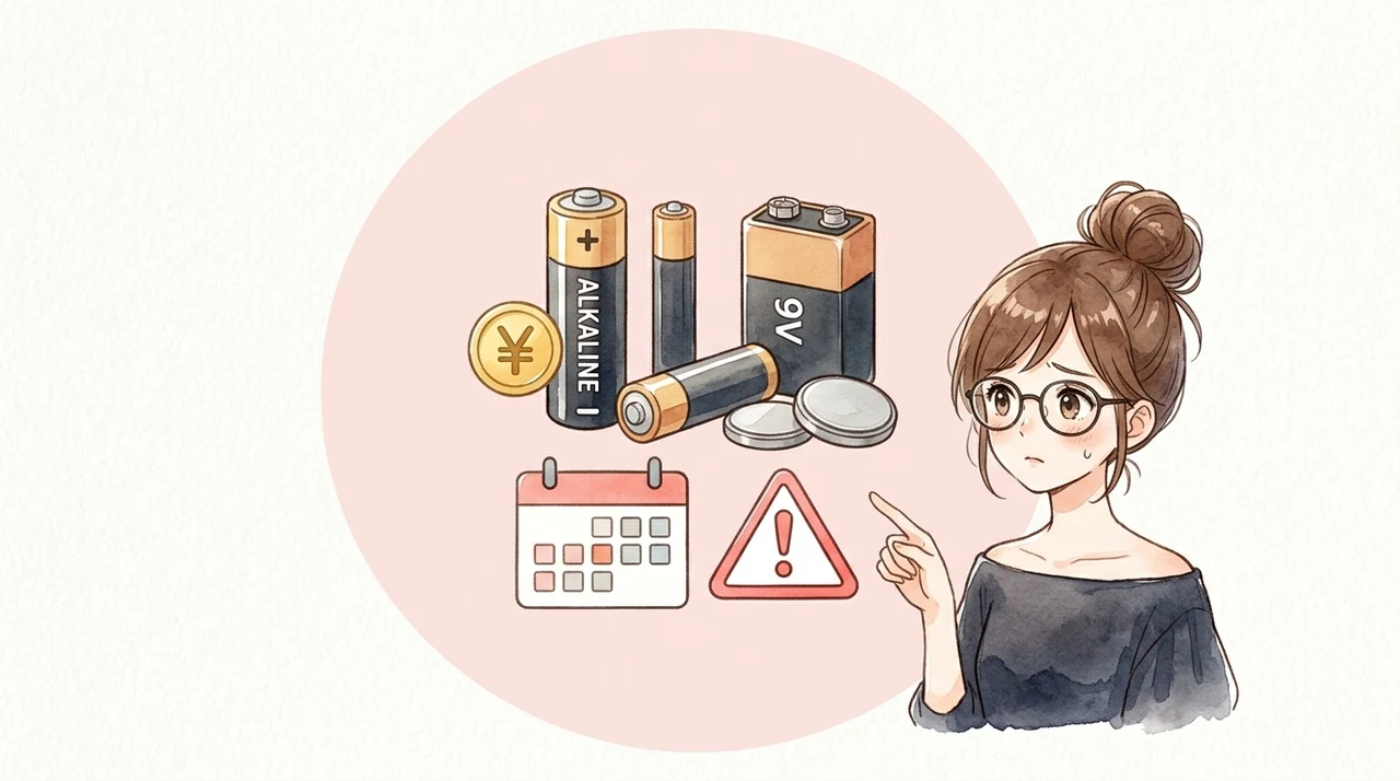 電池の値段・販売時期・注意点のイメージ画像（店舗別の価格帯・値上げの影響・液漏れリスク）